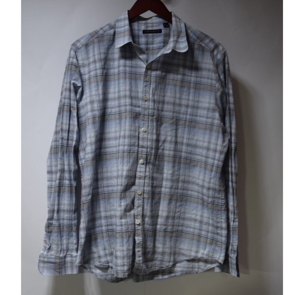 Theory Plaid Dress Shirt Mens XL Blue Gray Button Down Long Sleeve 100% Cotton